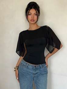 Siren Gaze Women's Bohemian Style Chiffon Knit Blouse (Black) Shawl Top Black Top Sheer Sleeve Top Cut Out Sleeve Top Cute Black Top Black Sheer Top Summer - Black - View 5