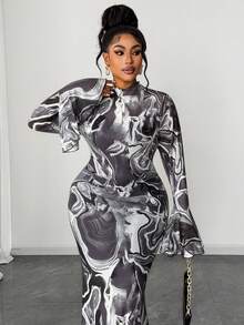 Maweii 复古美式图案印花弹力修身性感大码高领网纱连衣裙 - 灰色 - 查看 3