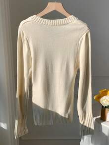 SHEIN EZwear 女式 V 领长袖修身休闲毛衣，日常穿着，秋冬季上学上衣