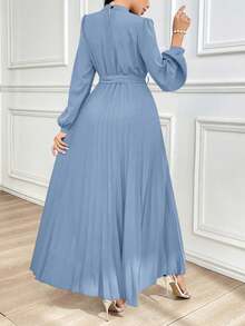 Modelyn Mock Neck Long Lantern Sleeve Pleated Hem Belted Modest Dress Long Evening Dresses