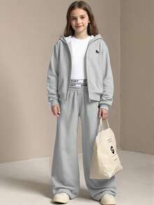 SHEIN Sparklyn 三件套少女休闲套装，包括带马图案的连帽拉链卫衣、白色背心和松紧腰直筒裤，秋季款 - 灰色 - 查看 3