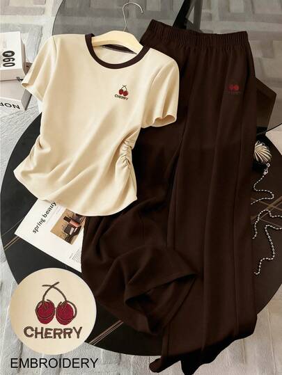 Resyla 两件套女士樱桃印花褶皱短袖上衣和纯色阔腿裤套装