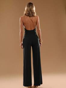 SHEIN BAE Women's Halter Neck Deep V Twist Waist Fashionable Versatile Jumpsuit For Vacation And Party - Black - View 2