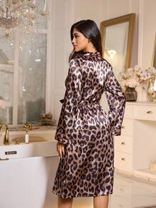 SHEIN Faux Silk All-Over Leopard Print Trim Loungewear Robe - Brown - View 2