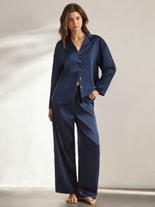 Ocili Silky Satin Comfortable Loose Long Sleeve Top & Pants Women Pajama Set, Winter Clothes - Navy Blue - View 5