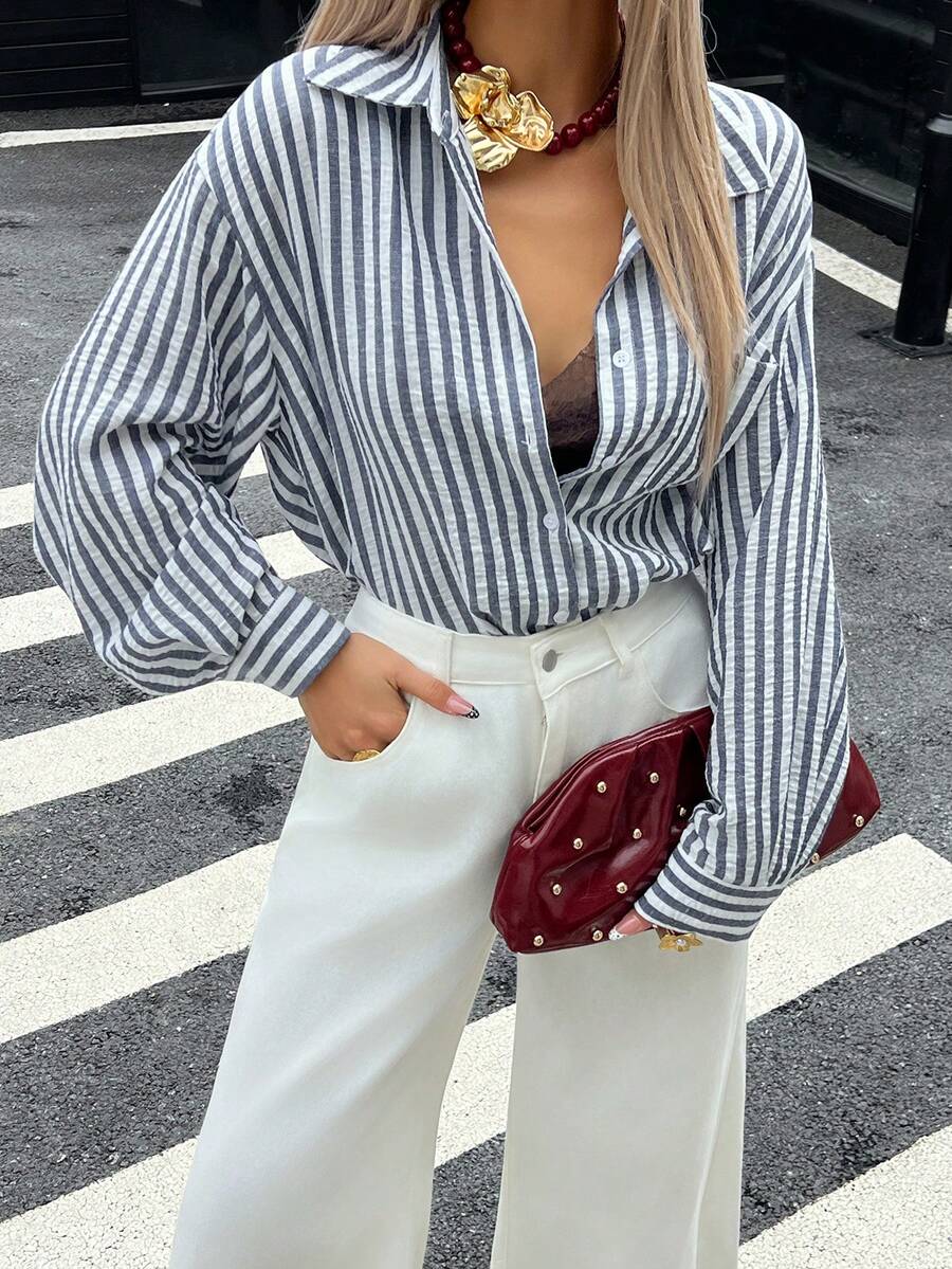 Livesso Loose Textured Pleated Striped Blue Long Sleeve Blouse, Casual Business Office Wear, Suitable For Autumn, Spring, Summer - Blue - View 1