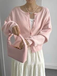 DAZY Women's Fitted Waist Long Sleeve Casual Crew Neck Cardigan Sweater, Pink Spring - Pink - View 6