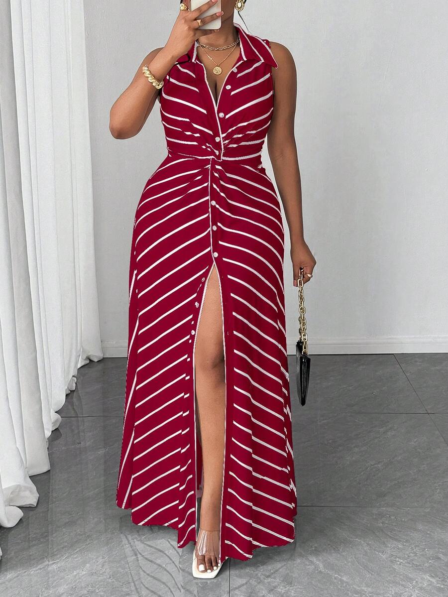 Maweii Plus Size Women Casual Striped Knit Twist Design Dress