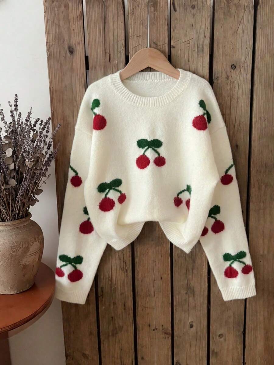 SHEIN Genkimix Kids كنزة صوفية كاجوال أنيقة بطبعة الكرز للفتيات المراهقات، كنزة صوفية للفتيات المراهقات، ملابس كرز جميلة، كنزة صوفية فراولة للفتيات المراهقات، طقم متطابق محبوك للفتيات المراهقات، ملابس شتوية محبوكة للأطفال، كنزة صوفية للفتيات المراهقات، كنزة صوفية محبوكة بأكمام طويلة، كنزة صوفية للفتيات المراهقات، كنزة صوفية شتوية للأطفال، كنزة صوفية محبوكة فتاة طويلة، سترات خريفية للأطفال، ملابس فتاة أطفال شتوية وخريفية، بلوفر للفتيات، كنزة صوفية للنساء بياقة طاقم، كنزة صوفية محبوكة بتصميم كابل، كنزة صوفية كرز - لون مشمشي - مشاهدة 1