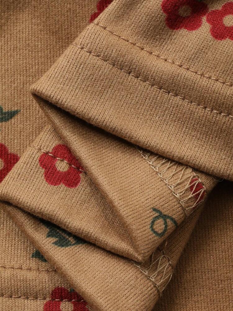 2pcs Women Lace Patchwork V-Neck Loose Ditsy Floral Long Sleeve T-Shirt And Shorts Pajama Set