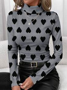 SHEIN Clasi Áo thun cổ lọ họa tiết trái tim in hình ngày lễ tình nhân và năm mới dành cho nữ, phong cách tối giản, phù hợp để mặc khi đi chơi, mặc ở nhà, đi làm, sang trọng - Nhiều màu - Xem 7