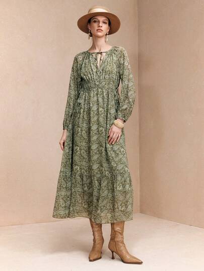 Arave 女士优雅浪漫印花长裙，时尚外套，适合约会、春秋季穿着