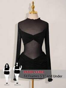 SHEIN PETITE CURVE Plus Size Women Solid Color Ruched Sexy Long Sleeve Sheer Mesh Dress - Black - View 1