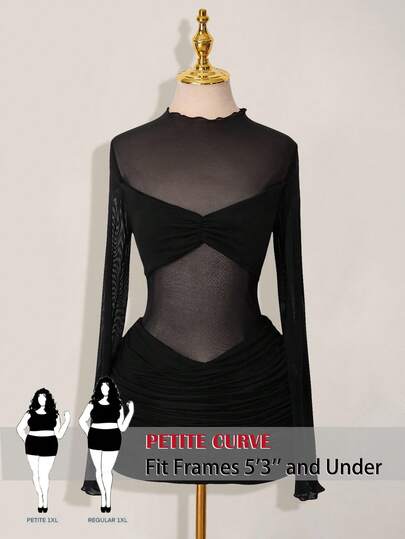 SHEIN PETITE CURVE 大码女式纯色褶皱性感长袖透视网纱连衣裙