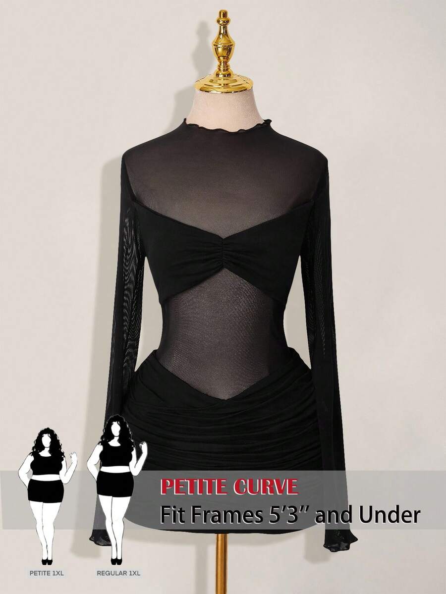SHEIN PETITE CURVE Plus Size Women Solid Color Ruched Sexy Long Sleeve Sheer Mesh Dress - Black - View 1