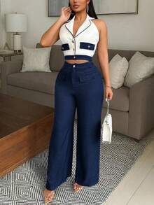 Vavine 优雅商务休闲女装套装，包括一件斜纹软呢装饰翻领修身性感金属纽扣背心上衣和一条纹理弹力腰长款休闲裤两件套。 - 深色水洗藍 - 查看 6