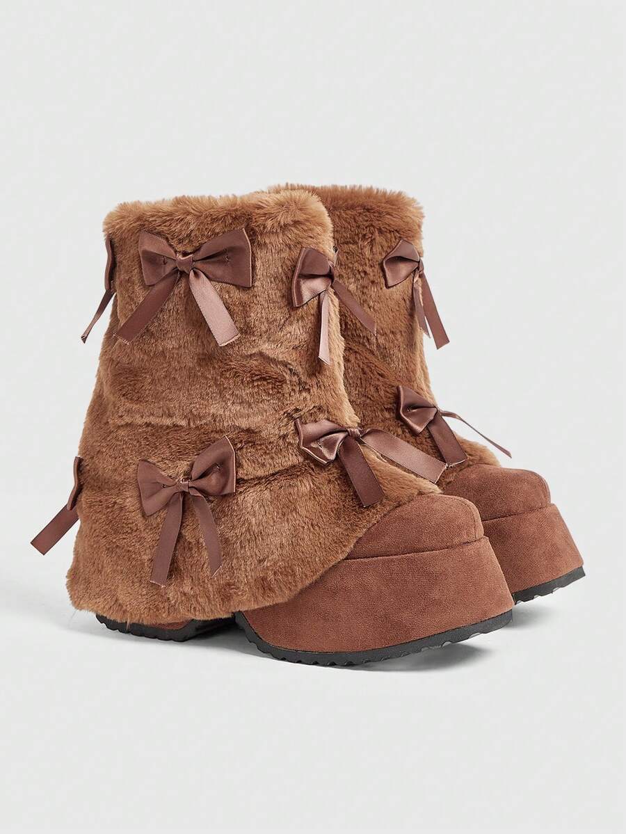 Sugerpunk 女士人造毛皮蝴蝶结装饰厚底中筒靴 - 棕色 - 查看 1
