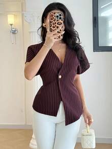 春夏秋冬情人节假期狂欢节婚礼嘉年华服装海滩优雅派对婚礼宾客夏季春季情人节女士条纹上衣 - 酒紅色 - 查看 7