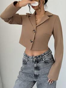 SHEIN PETITE 女士优雅卡其色缺角领单排扣长袖修身短款西装外套，春秋季