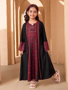 SHEIN 2pcs/Set Girls Print Dress & Mesh Long Cardigan, Patchwork Print - Black - View 7