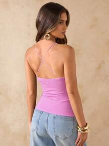 SHEIN BAE Áo tank top hai dây màu nâu đính hạt cho nữ, áo camisole ôm sát gợi cảm phong cách retro mùa hè, áo cami đính hạt cho kỳ nghỉ biển. - Màu Hồng baby - Xem 2