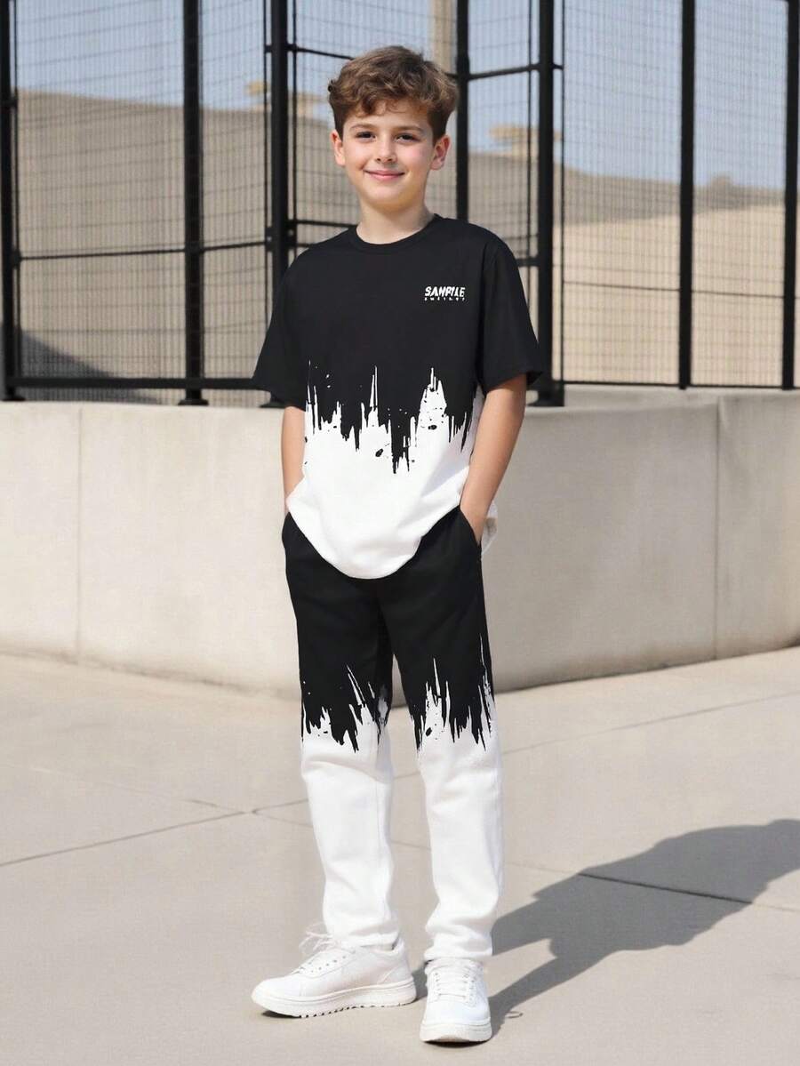 Vacaura 2 pièces/Set T-shirt à contraste de couleur par pulvérisation d'encre et pantalon ample à taille élastique pour adolescents garçons. Confortable et pratique pour le casual, les déplacements, les sports, l'école, la rue, les fêtes et les séances photo. Convient pour l'automne, le printemps et l'été - Multicolore - Voir 1