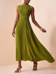 Zivah 2026春夏新品，适合情人节、音乐节、复活节、西部风、游牧风、波西米亚风、纳什维尔风、派对、婚礼、晚宴、约会、聚会、生日、学院风、学生装、日常休闲、百搭基础款、休闲度假、邮轮旅行、海滩、日光浴、爆款、优雅、通勤、商务休闲等场合。无袖圆领，腰部扭结褶皱设计，不对称下摆，修身A字长裙，绿色长裙，春夏长裙，派对长裙，性感长裙，女士长裙 - 綠色 - 查看 1