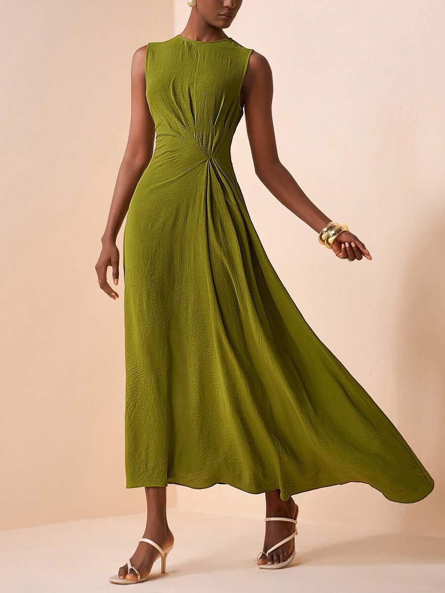 Zivah 2026春夏新品，适合情人节、音乐节、复活节、西部风、游牧风、波西米亚风、纳什维尔风、派对、婚礼、晚宴、约会、聚会、生日、学院风、学生装、日常休闲、百搭基础款、休闲度假、邮轮旅行、海滩、日光浴、爆款、优雅、通勤、商务休闲等场合。无袖圆领，腰部扭结褶皱设计，不对称下摆，修身A字长裙，绿色长裙，春夏长裙，派对长裙，性感长裙，女士长裙 - 綠色 - 查看 1