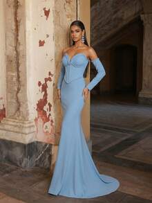 Glamrae 优雅、浪漫、奢华、时尚、魅力四射、石板蓝、亮片面料、鱼尾裙摆、拖尾，适合度假、婚礼、单身派对、正式舞会、晚宴等场合的礼服 - 霧霾藍 - 查看 2