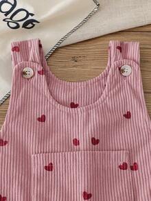 SHEIN 女婴/中性婴幼儿0-3岁春秋心形印花灯芯绒连体衣套装，休闲风格，带胸袋装饰，适合户外玩耍和休闲