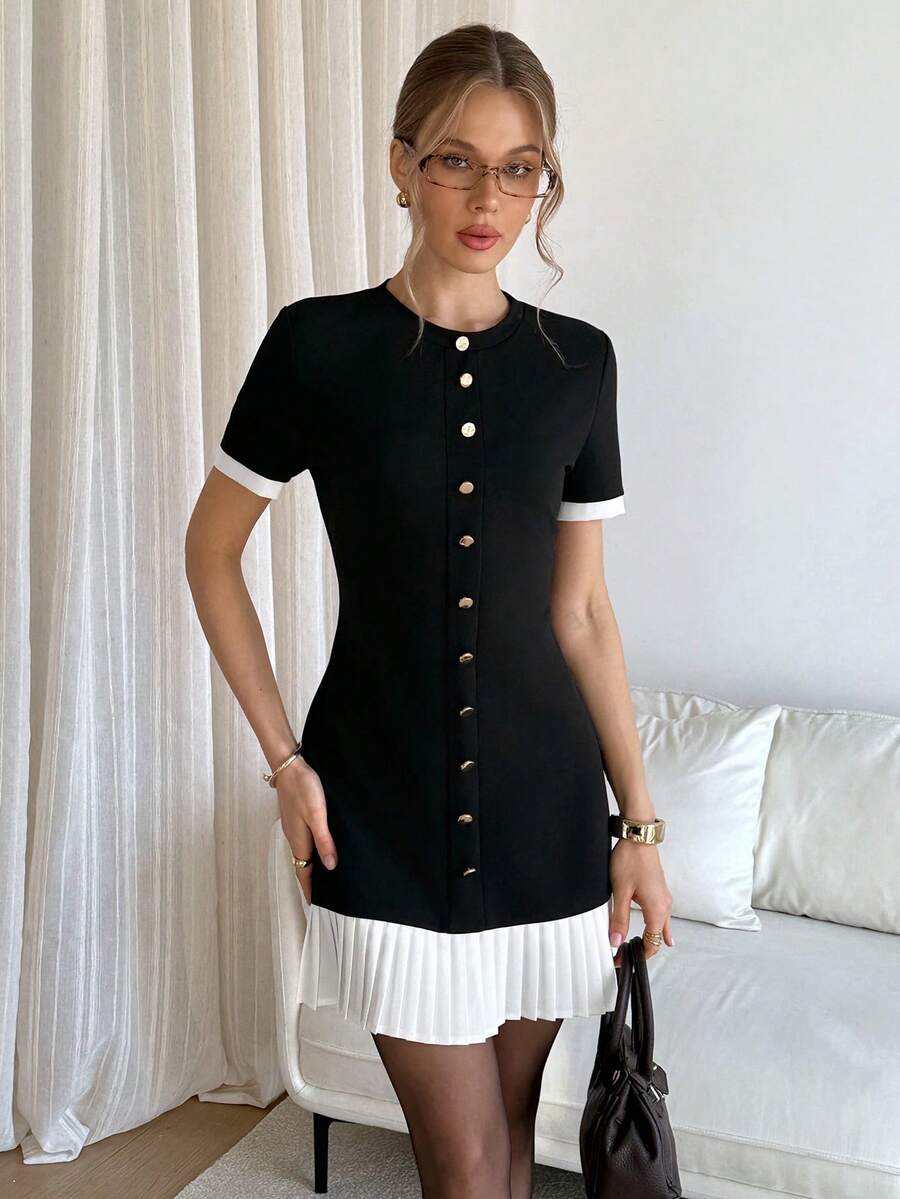 Siren Gaze 女士黑色褶皱优雅迷你连衣裙，适合正式场合、婚礼、通勤等，尽显优雅气质。 - 黑與白 - 查看 1