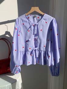 SHEIN EZwear Áo nữ dệt sọc xanh có trang trí nơ, tay dài - Màu xanh nhạt - Xem 3