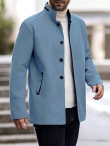 Manfinity Homme Men's Stand Collar Single-Breasted Casual Versatile Commuting Long Sleeve Woolen Coat - Dusty Blue - View 3