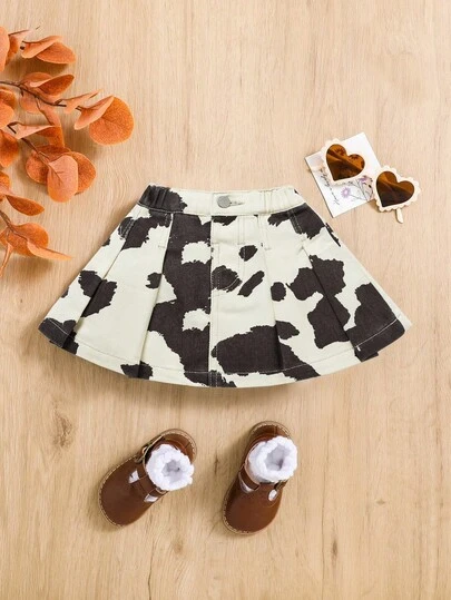 SHEIN Toddler Girls' Colorblock Print Denim Skirt