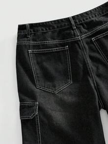 ROMWE MEN 男士十字绣工装牛仔短裤 - 黑色 - 查看 5