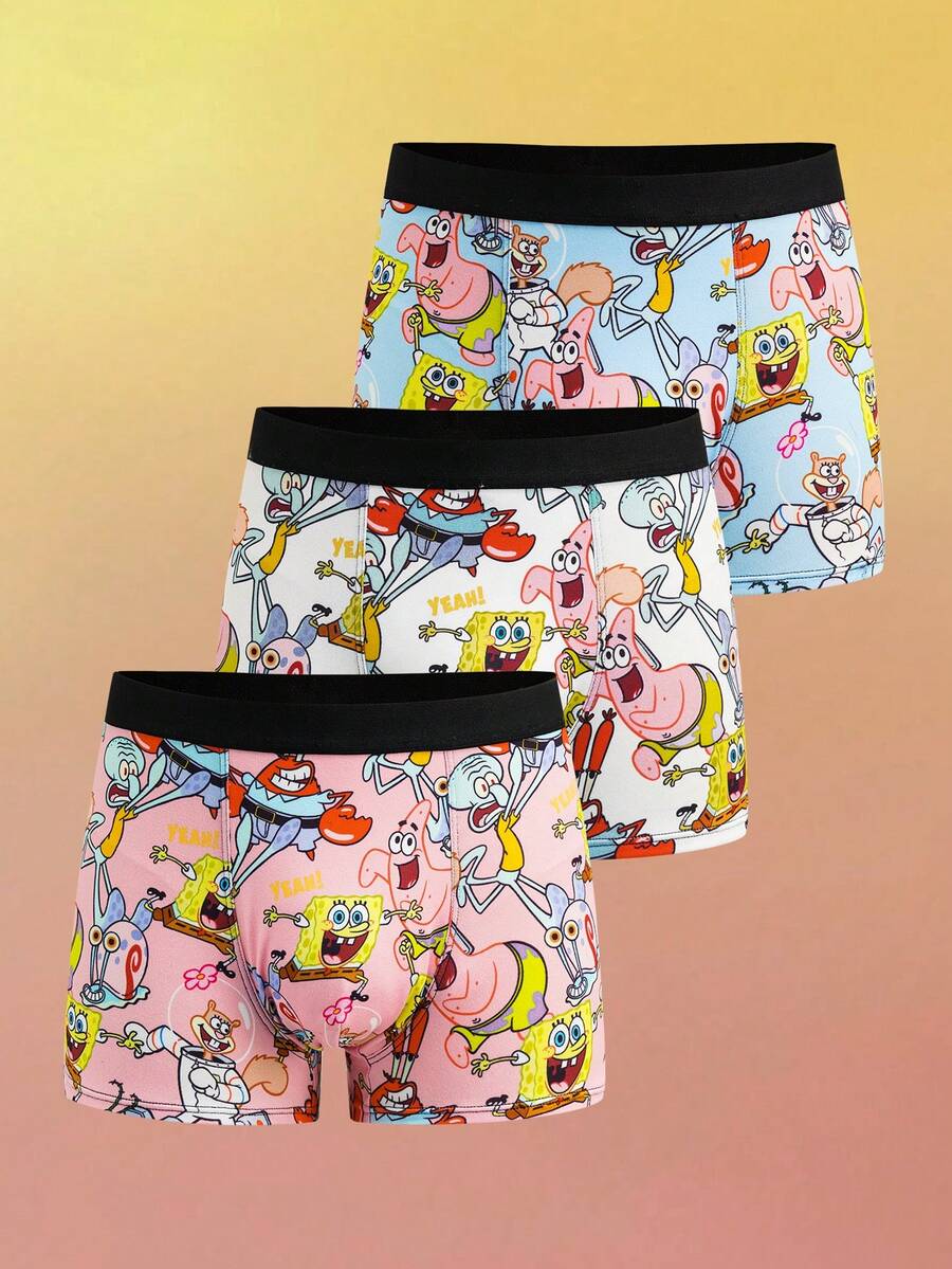 SpongeBob SquarePants | SHEIN Bóxer de niño preadolescente con patrón de dibujos animados y bloques de color, cómodo y de moda - Azul y blanco - Ver 1