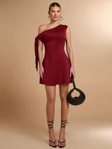 SHEIN BAE Chân váy peplum chữ A dáng ôm thanh lịch buộc vai bất đối xứng dành cho nữ, màu đen - Màu Đỏ Sâu - Xem 3