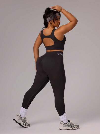Rhythm Era Plus Size Women Solid Color Backless Tank Top And Letter Print Leggings Sports Set