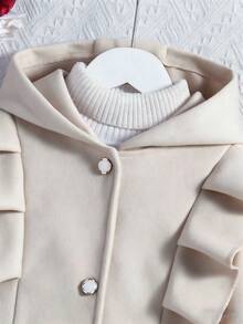 女童红色荷叶边长袖休闲连帽单排扣羊毛大衣