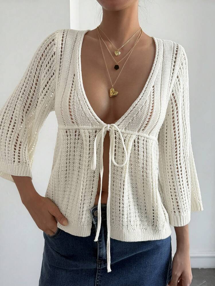 Livesso קרדיגן סריג טלאים עם שרוכים מותניים צמודים ושרוולים מתרחבים לנשים, מתאים לחופשות אביב, קיץ וסתיו - בז' - ראה 4