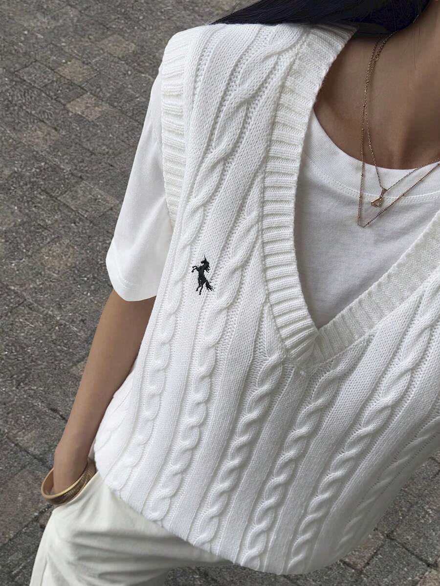 Livesso Chaleco de punto holgado y casual sin mangas con patrón de bordado de dibujos animados, adecuado para uso en la oficina en otoño, primavera y verano, para mujer - Blanco - Ver 1