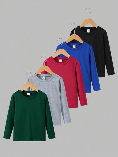 5pcs/Set Boys' Basic Solid Color Crew Neck T-Shirts, Suitable For Casual Daily Wear. The Different Color Combinations Add More Fashion And Diversity To The T-Shirts, Meeting The Needs Of Young Boys For Different Styles And Colors.