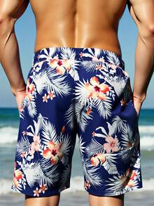 Surfspeed 男士热带印花休闲沙滩短裤，夏威夷度假风短裤，花朵图案，夏日夏威夷风情 - 藏蓝色 - 查看 3