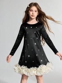 Maija Kids Tween Girl Knit Color Block Rhinestone Decor Round Neck Long Sleeve Casual Elegant Dress - Black - View 6