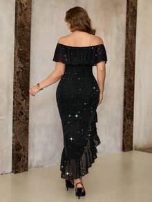 Roveilla 大码女装新款优雅浪漫连衣裙，生日礼服，派对礼服，晚礼服，裹身紧身连衣裙，冬季派对圣诞礼服，露背连衣裙，露肩连衣裙 - 黑色 - 查看 3