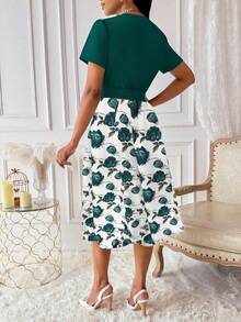 Lyxana 女士印花重叠V领短袖优雅连衣裙长款女装 - 彩色 - 查看 2