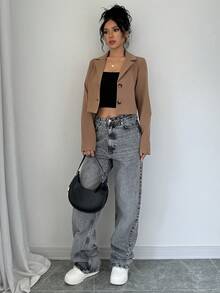 SHEIN PETITE 女士优雅卡其色缺角领单排扣长袖修身短款西装外套，春秋季