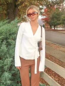 Sydney Algeri Women's Casual Loose Tie Front Cardigan, Versatile Fall Winter Cloth For Women - White - View 6