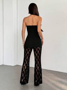 SHEIN PETITE Women's Sexy & Elegant Black Lace 2-Piece Set, Includes Thick Ribbed Bandeau Top And Lace Flare Pants, High Elasticity Fabric Contouring Body, Suitable For Dates, Gatherings, Parties, Clubs, Nightlife Mesh Two Pieces Set Black Lace - Black - View 3