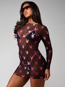 Missguided x Playboy 兔子印花网纱长袖露背迷你连衣裙沙滩罩衫，系带细节夏季泳装 - 彩色 - 查看 1